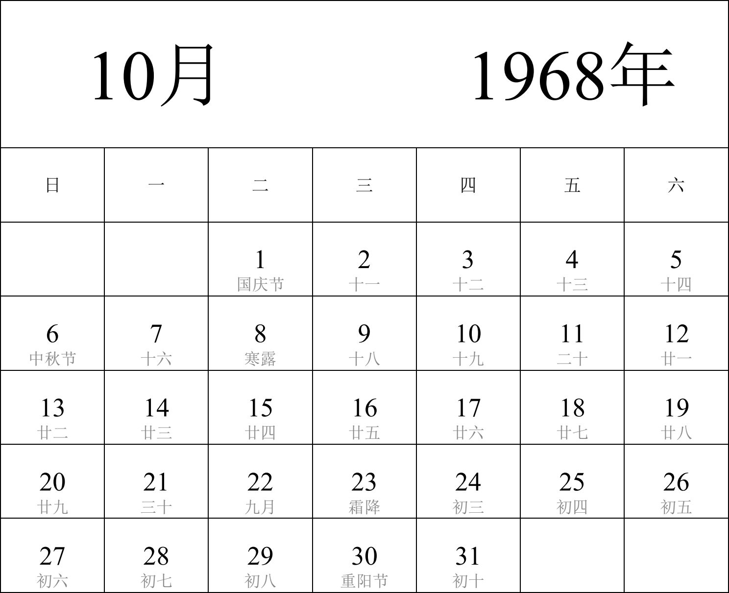 日历表1968年日历 中文版 纵向排版 周日开始 带农历